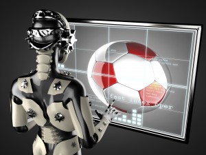 robot woman manipulating hologram displey