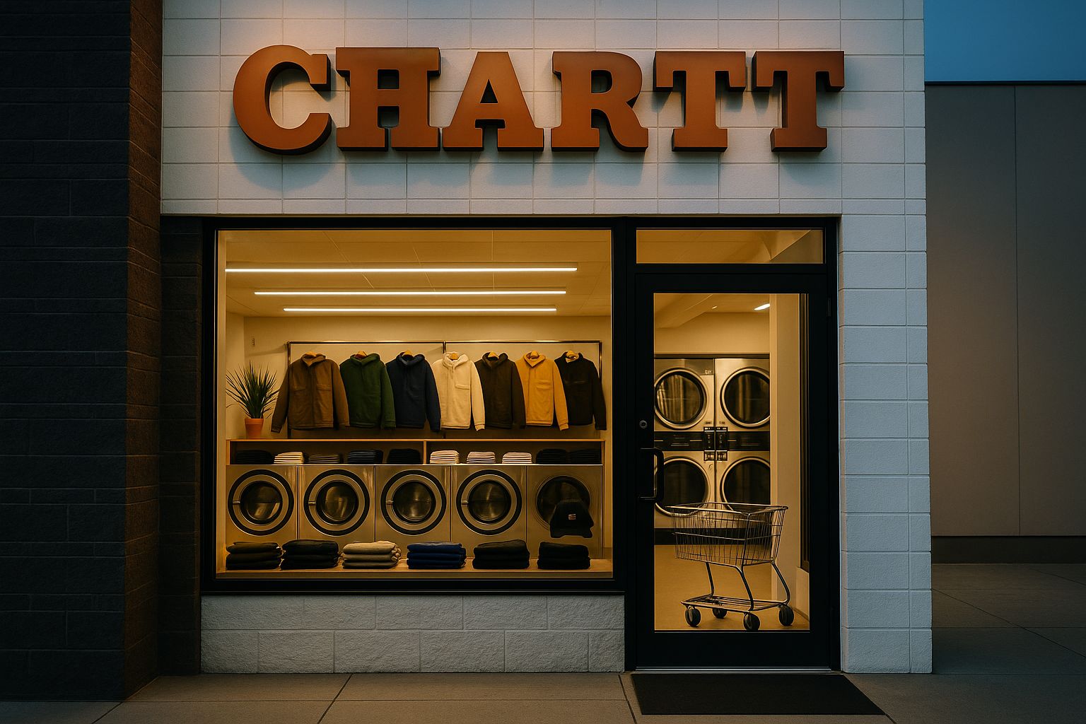 En Carhartt WIP butik med tegelväggar och svarta fönster.