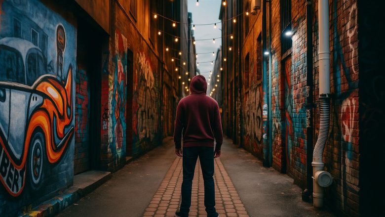 Graffiti-klädd tegelvägg i gränd med skylt och klotter