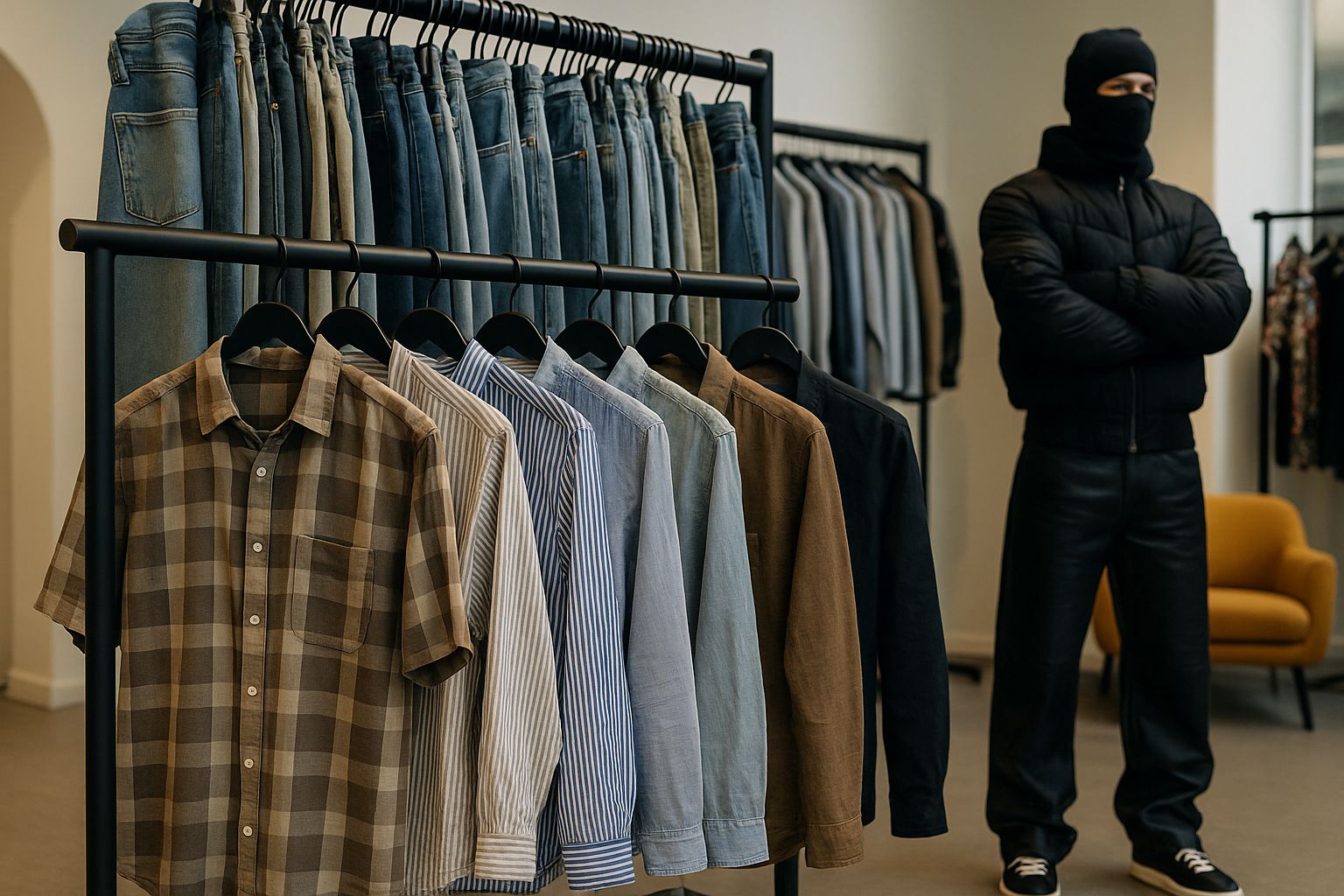 Inuti en urban streetwear-ateljé med kläder och symaskin